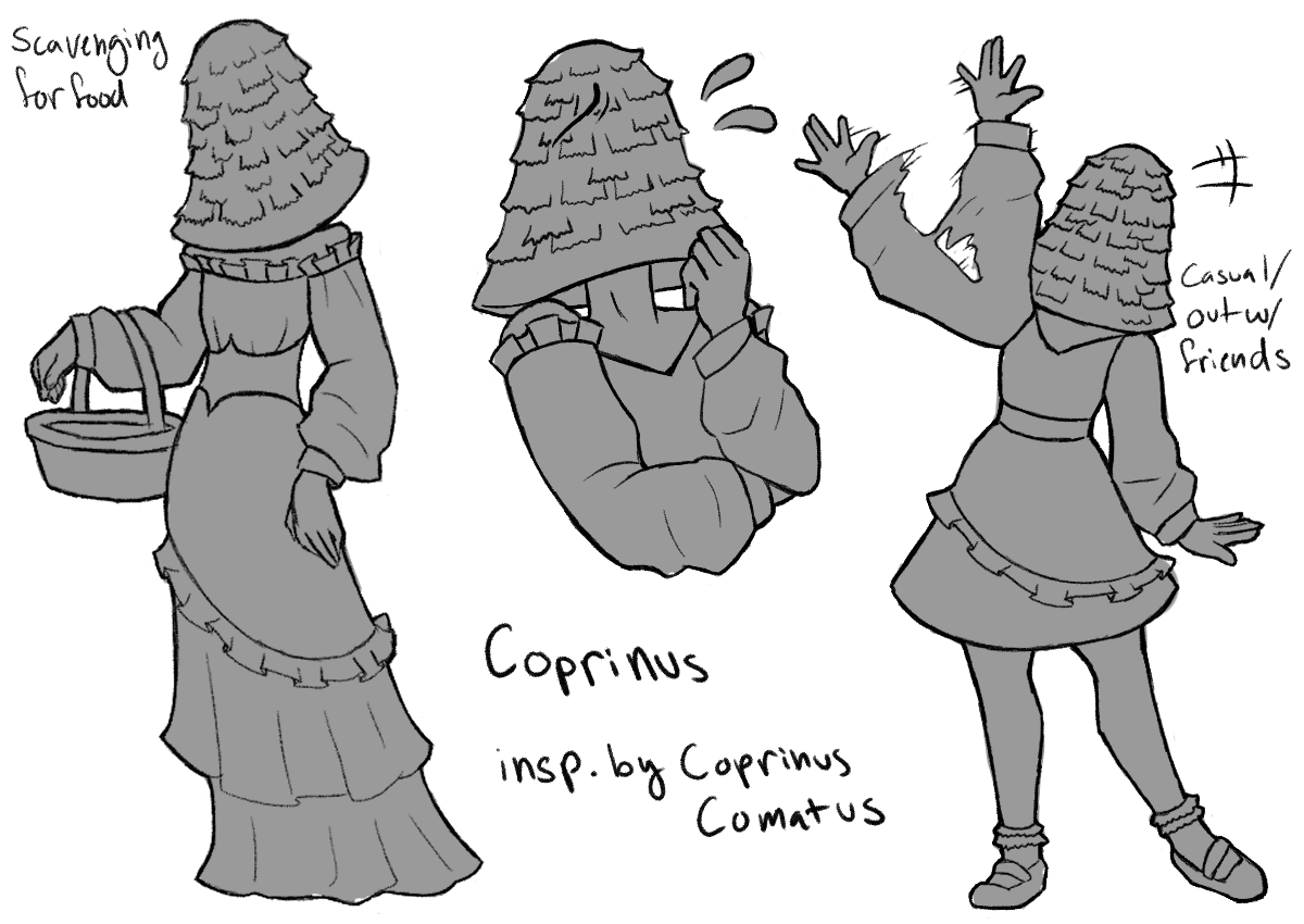 Some concept art of a girl with a mushroom head