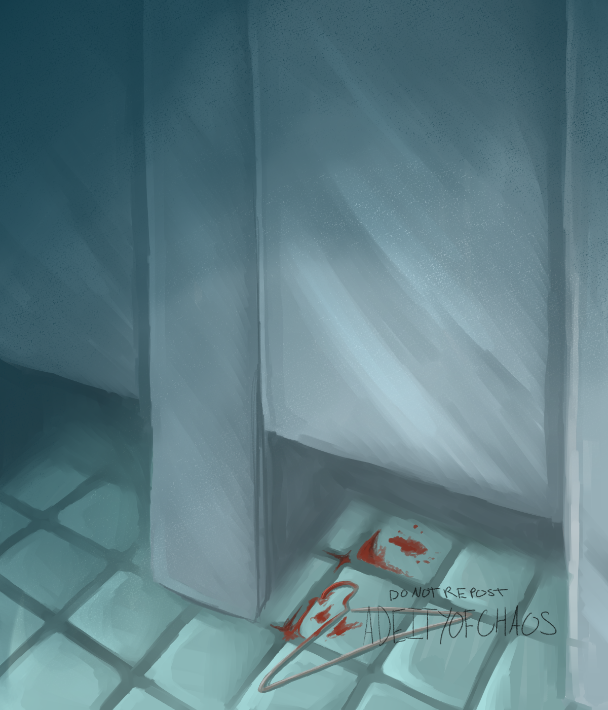 Art of a bathroom stall with a hanger and blood on the floor